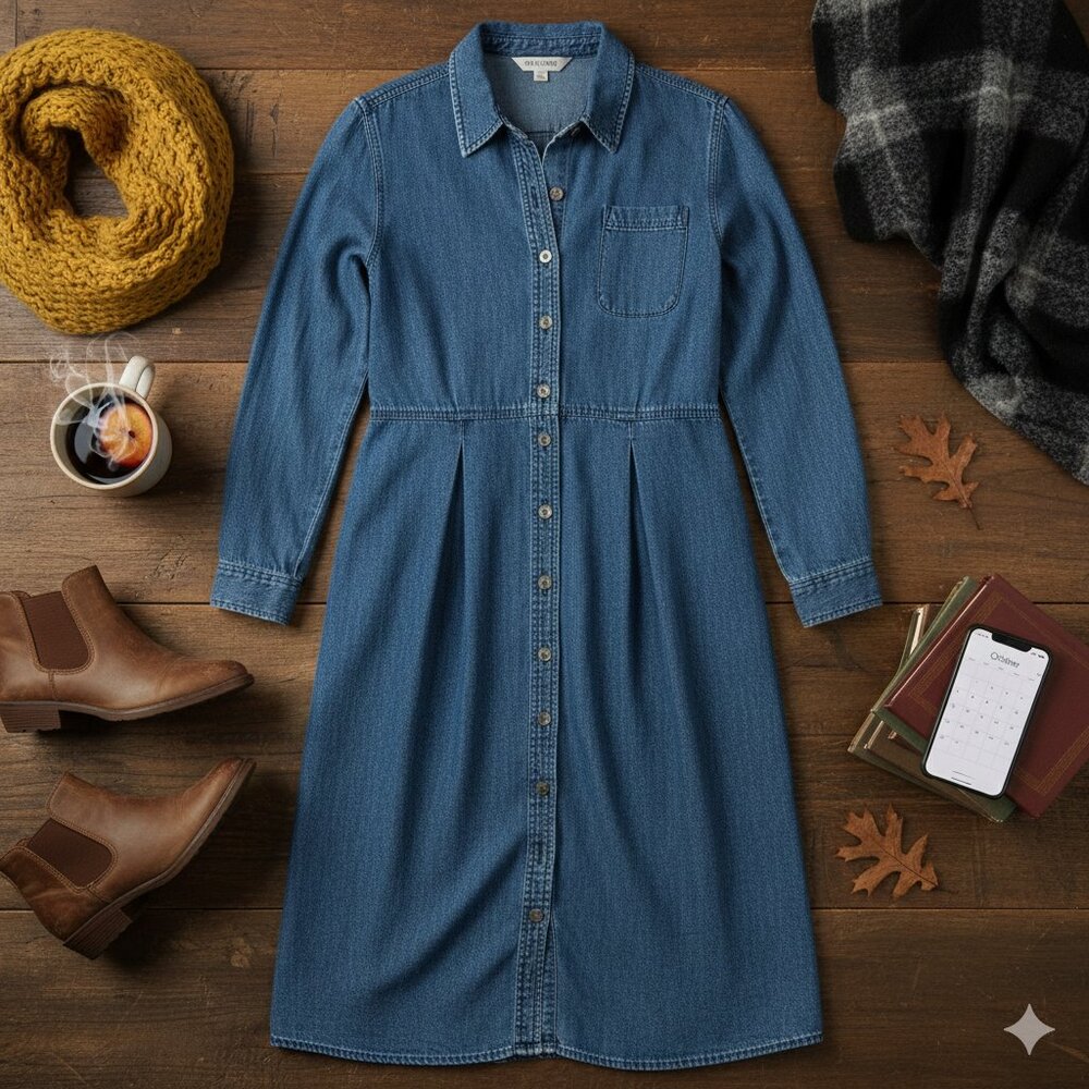 L.L. Bean Vintage Denim Button-Front Midi Dress-8 Petite - Picture 1 of 11